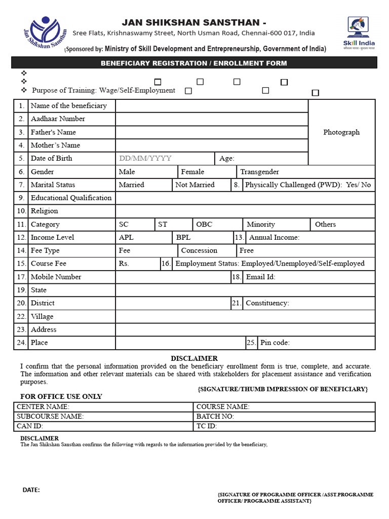 Beneficiary Enrollment Form for JSS Training | PDF
