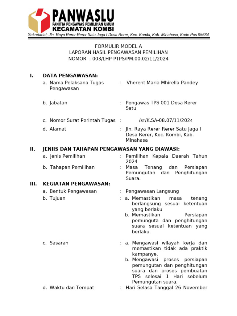 Lhp Ptps 26 November 2024 (Tps 001 Rerer Satu) | PDF
