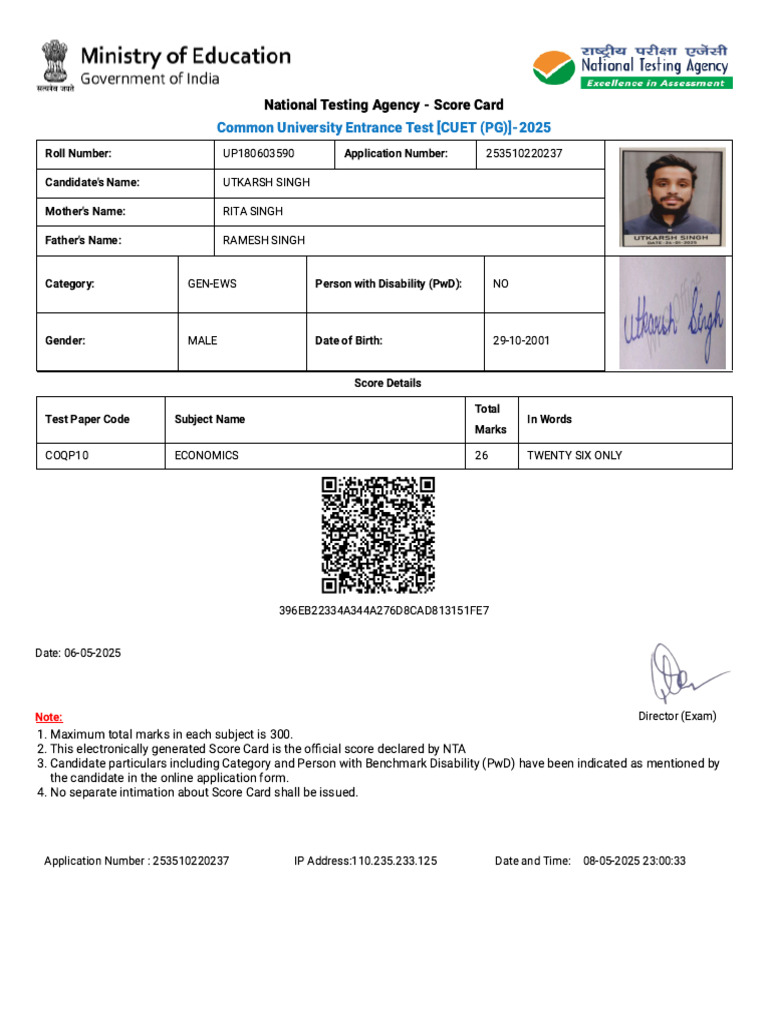 CUET PG 2025 Score Card for Utkarsh Singh | PDF