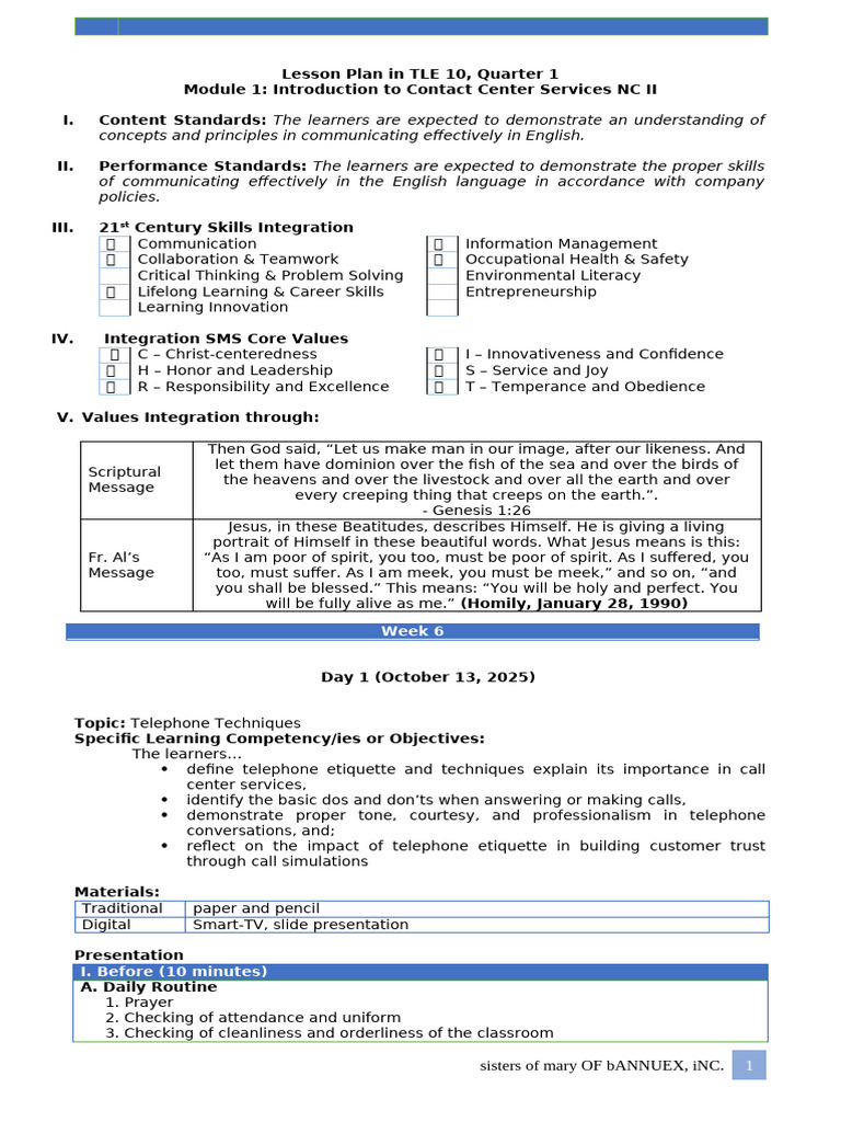 TLE 10 Lesson Plan: Contact Center Skills | PDF | Learning