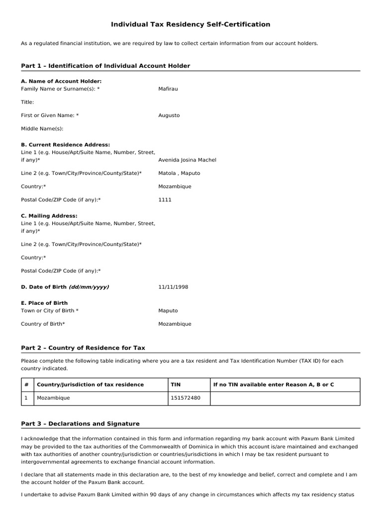 Individual Tax Residency Certification Form | PDF | Zip Code