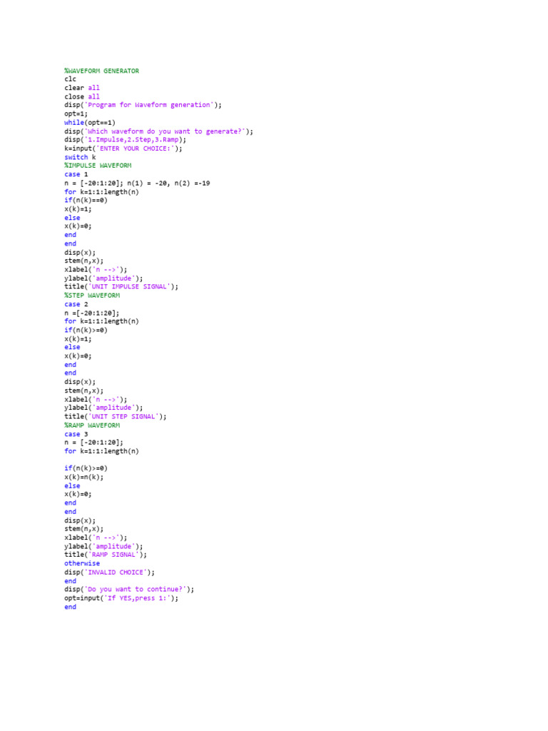 Waveform Generator Program in MATLAB | PDF
