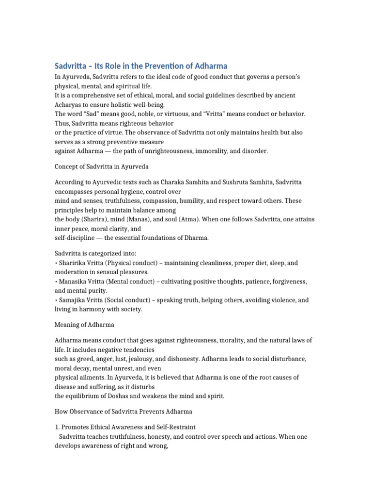 Sadvritta: Preventing Adharma in Ayurveda | PDF | Dharma | Virtue