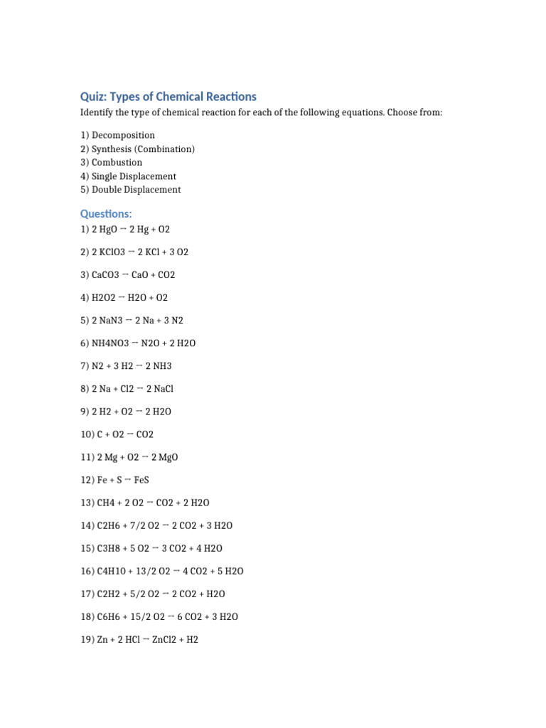 Chemical Reactions Quiz with Answers | PDF