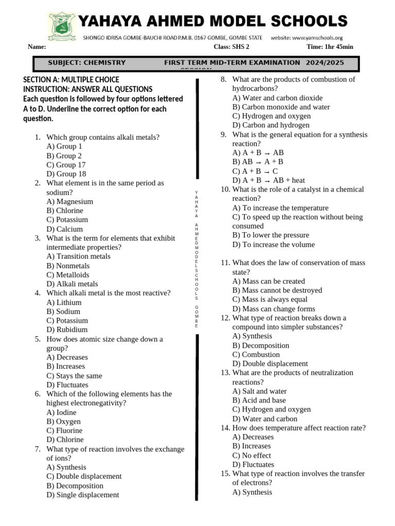 SHS 2 Chemistry Mid-Term Exam 2024/25 | PDF | Chemical Reactions ...