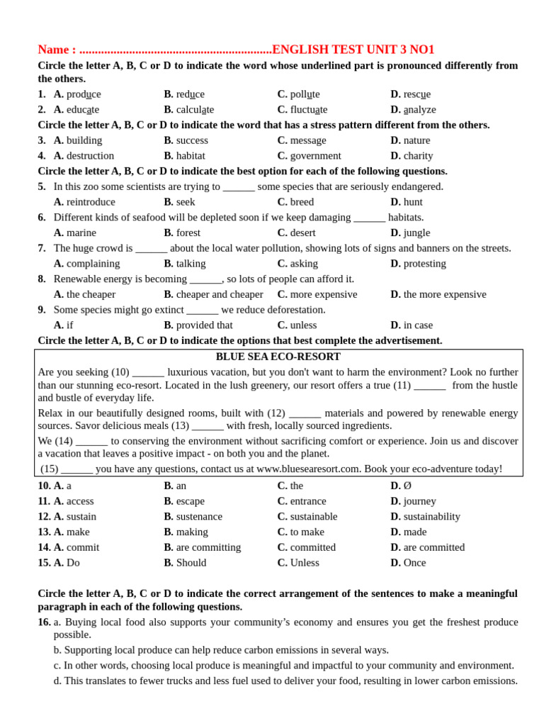 English Test Unit 3: Vocabulary & Comprehension | PDF | Renewable ...
