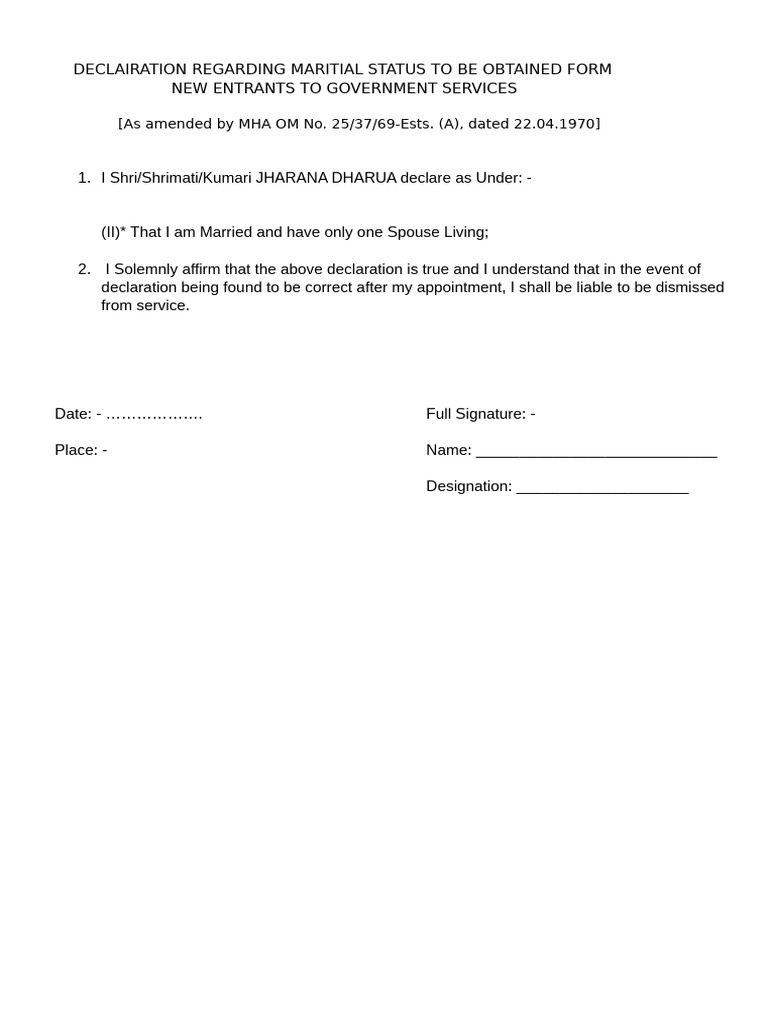 Declairation Regarding Maritial Status To Be Obtained Form New Entrants ...