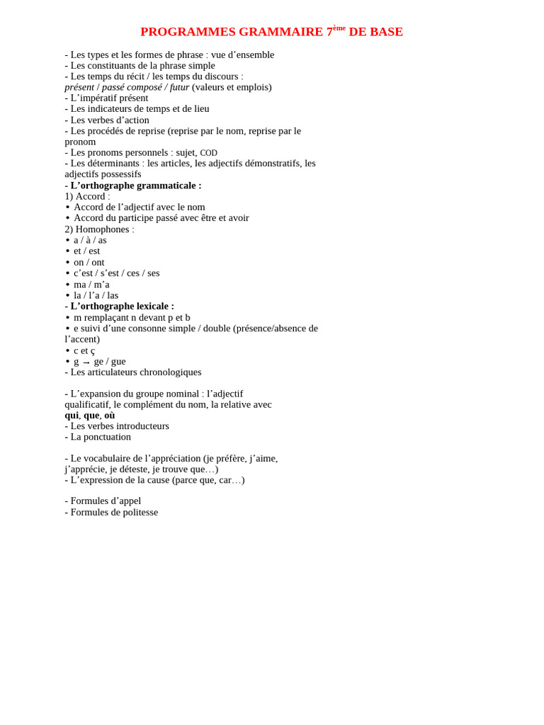 Grammaire 7ème : Programmes de Base | PDF