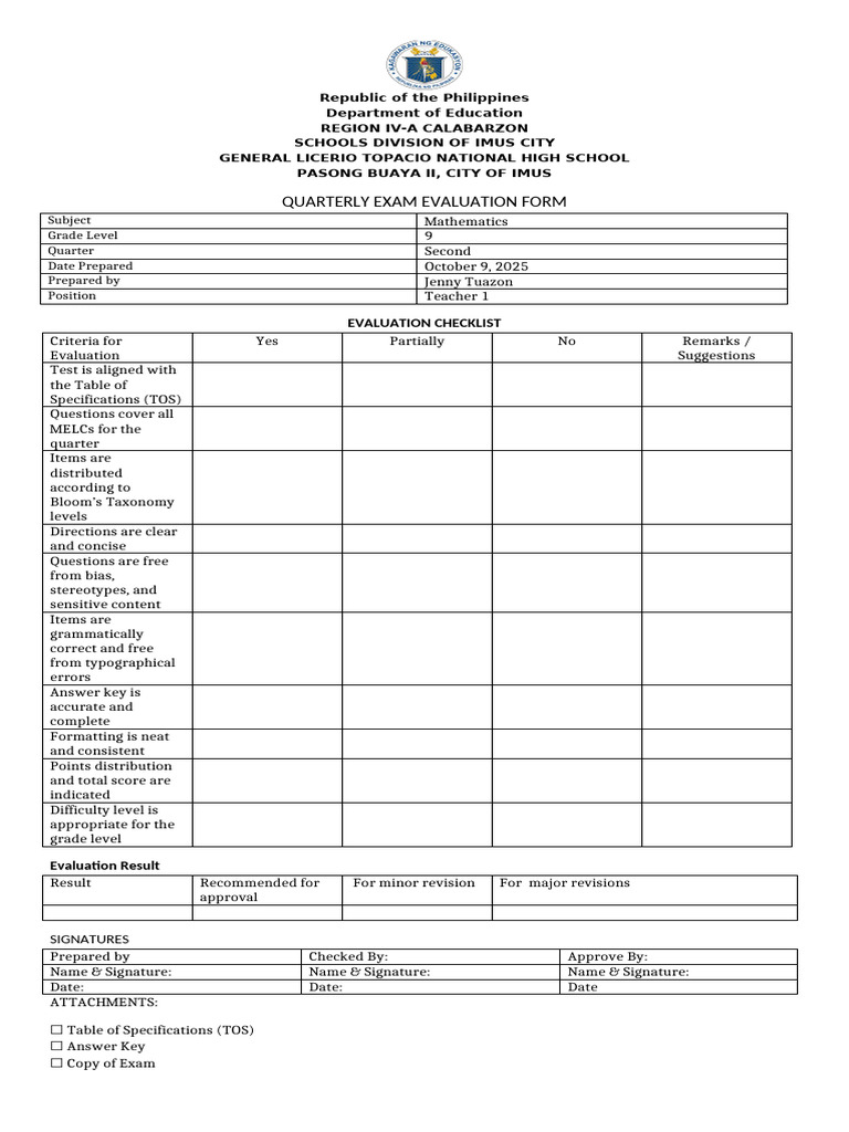Grade 9 Math Exam Evaluation Form | PDF