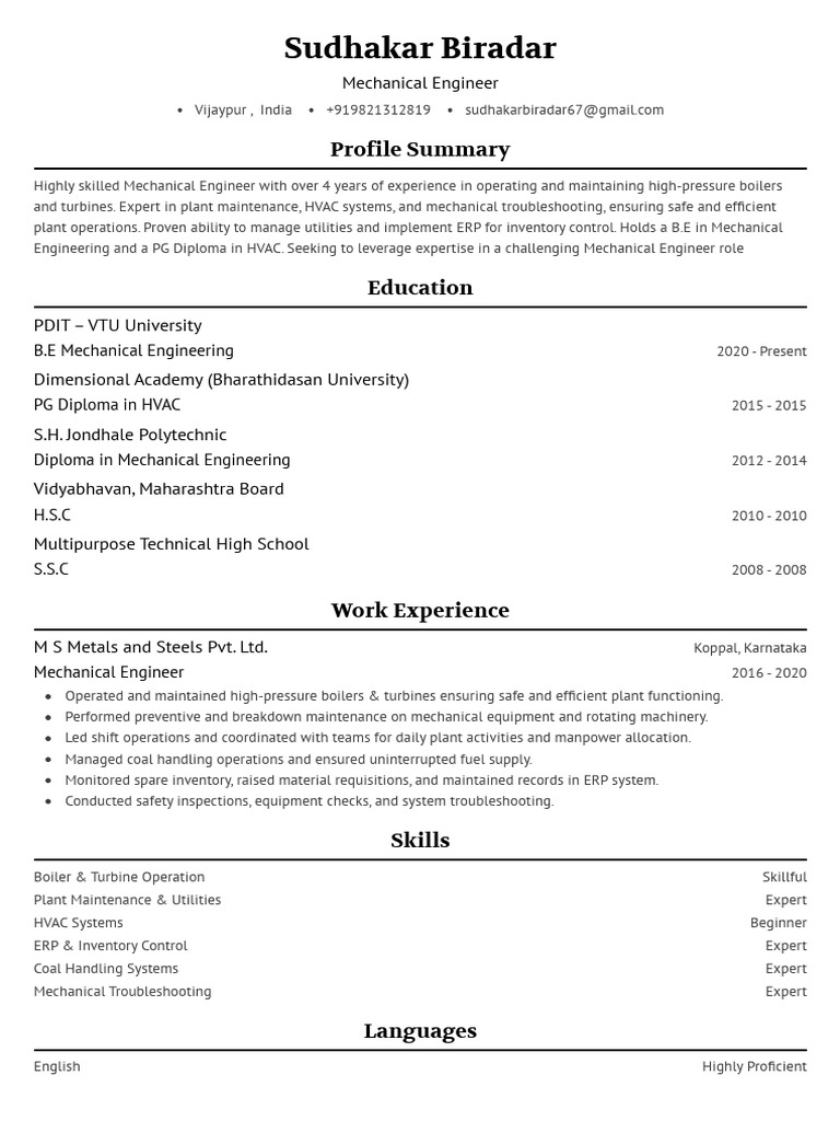 Sudhakar Biradar Resume | PDF | Mechanical Engineering