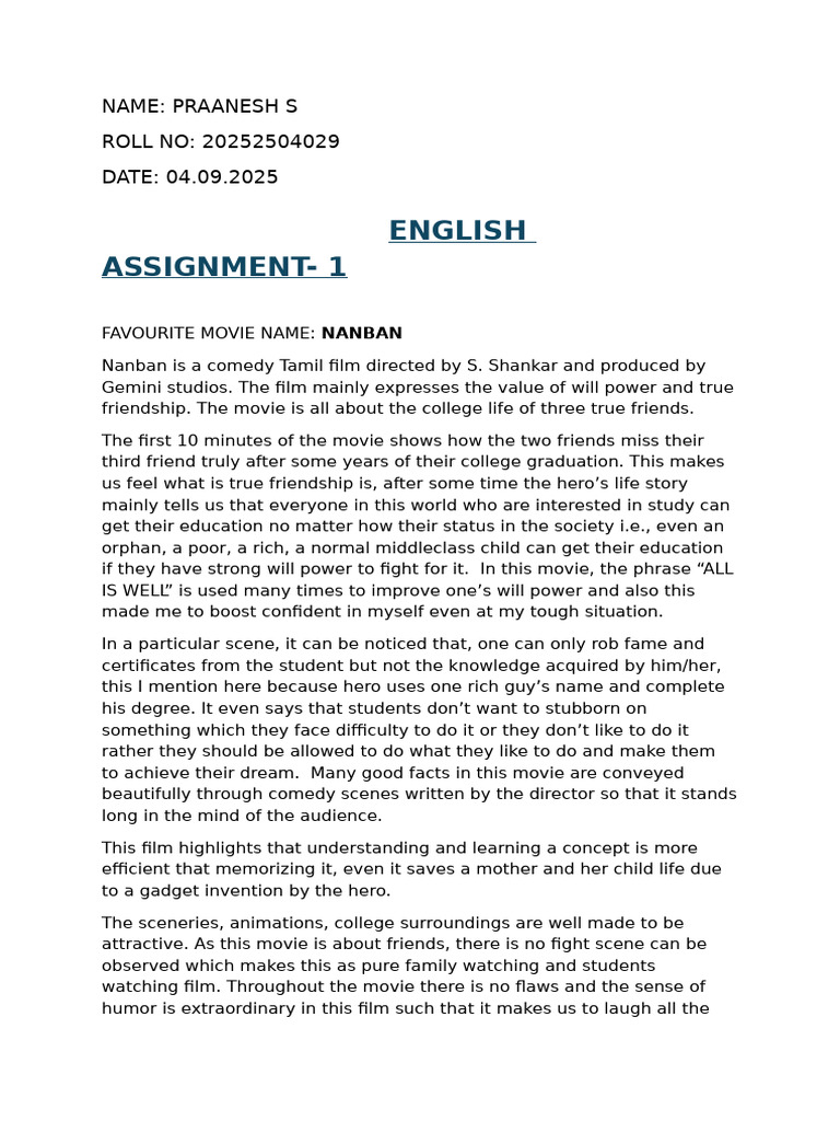 Praanesh S English Assignment 1 | PDF