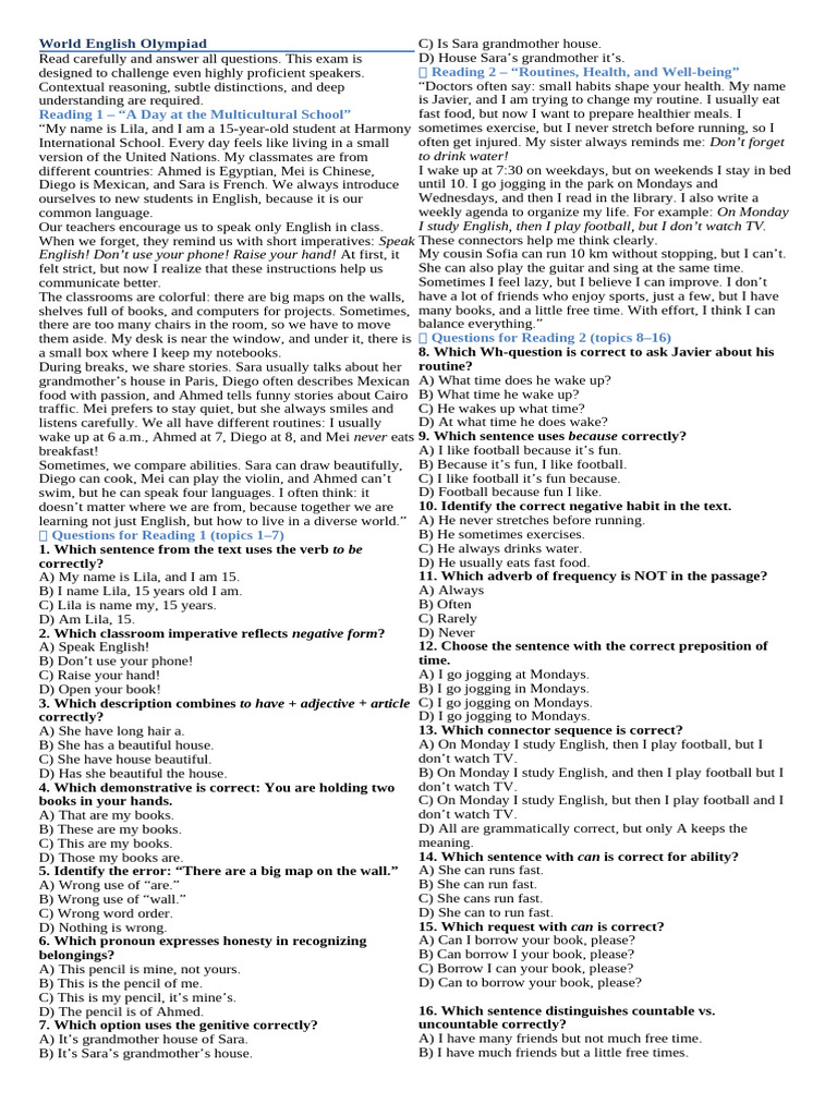 World English Olympiad Exam Questions | PDF | Verb | English Language