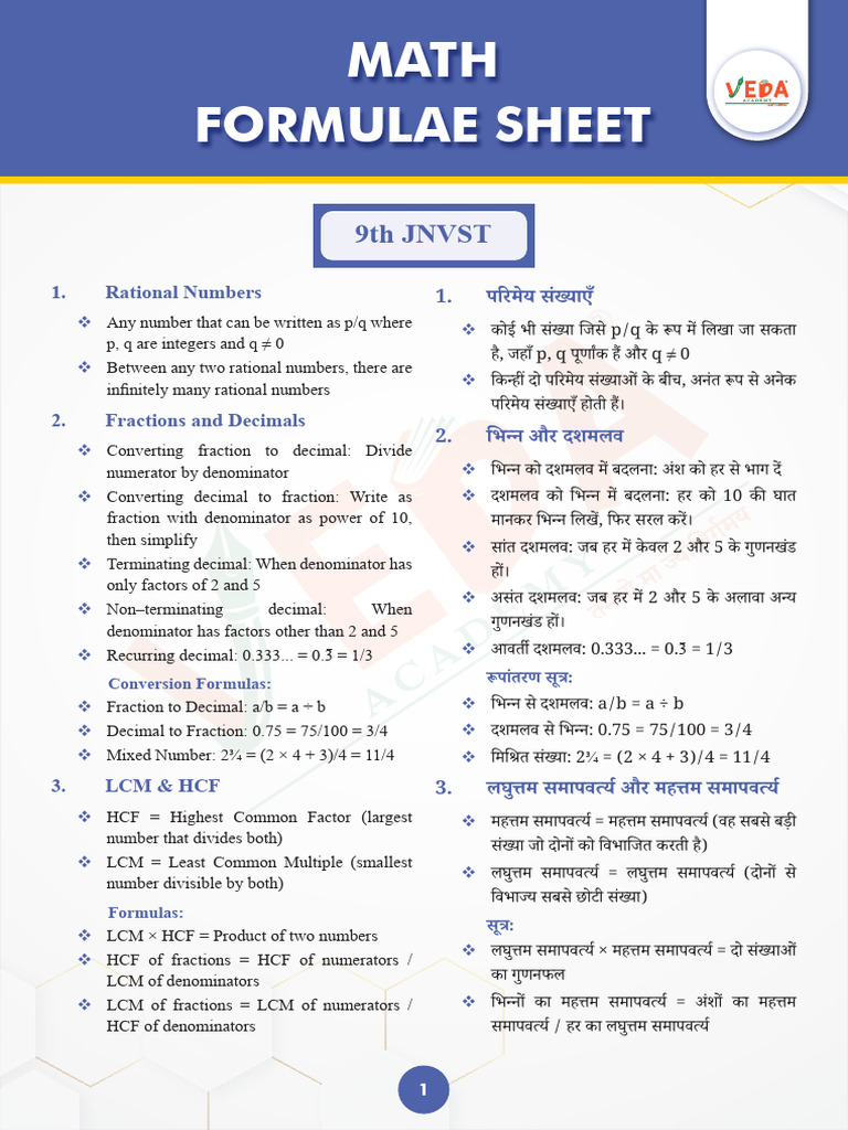 Formula Sheet All Chapters 9 JNVST Math | PDF