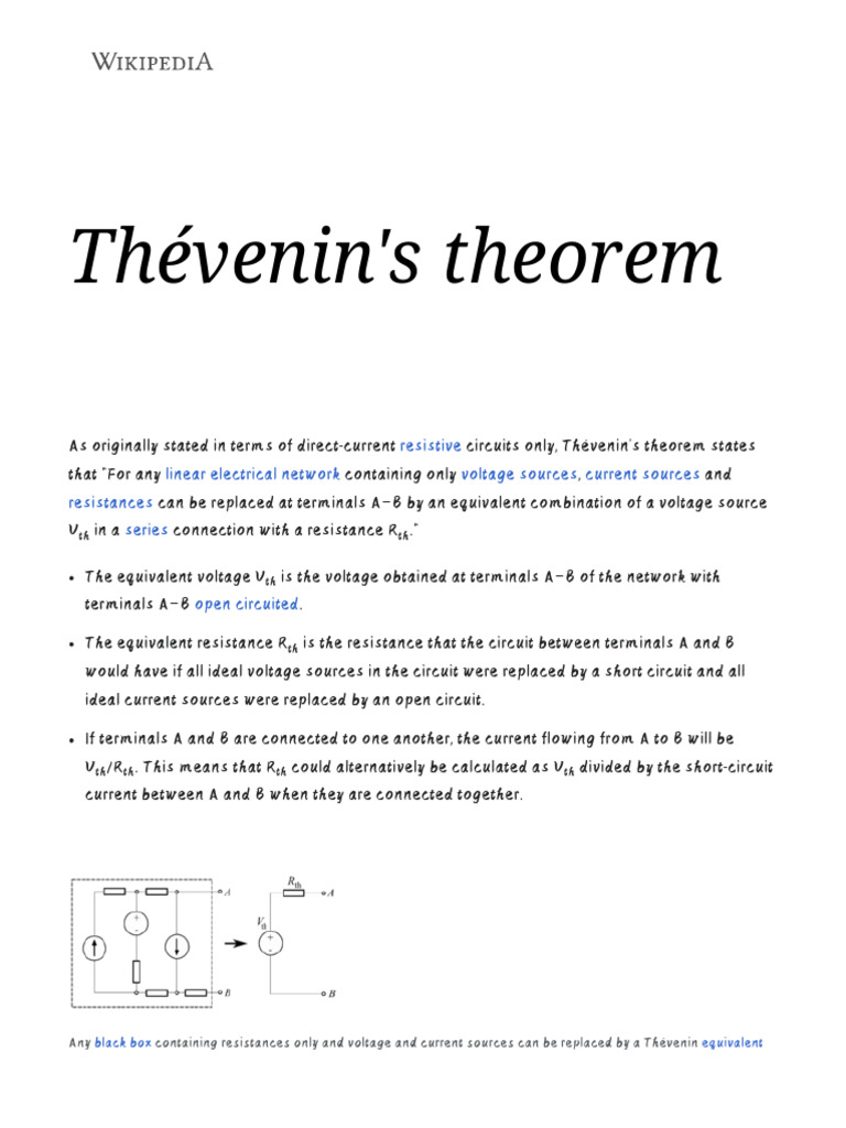 Thévenin's Theorem - Wikipedia | PDF | Electrical Engineering | Analog ...