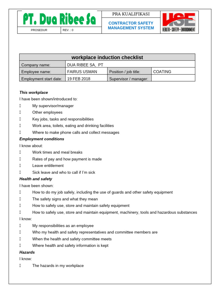 Workplace Induction Checklist Template | PDF | Occupational Safety And ...