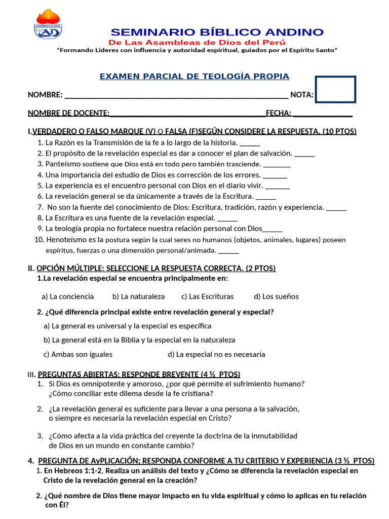 Examen de Teología para Líderes Cristianos | PDF | Dios | Biblia