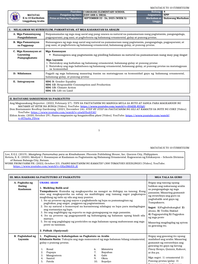 DLL Matatag - Epp 4 q2 w5 | PDF