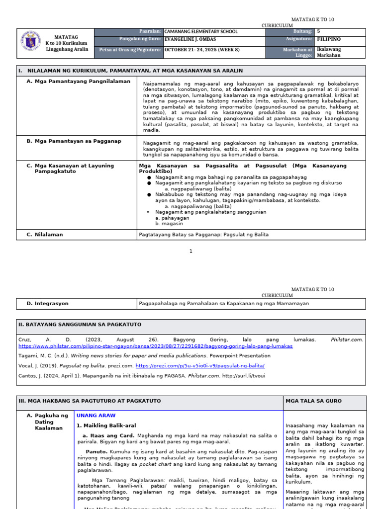 DLL Matatag - Filipino 5 q2 w8 | PDF
