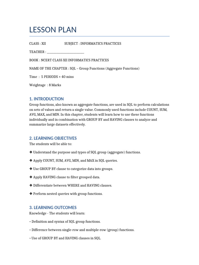 SQL Group Functions Lesson Plan | PDF | Sql | Data