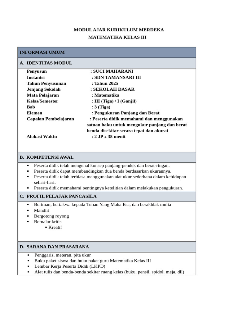Modul Ajar Matematika Kelas III SD | PDF