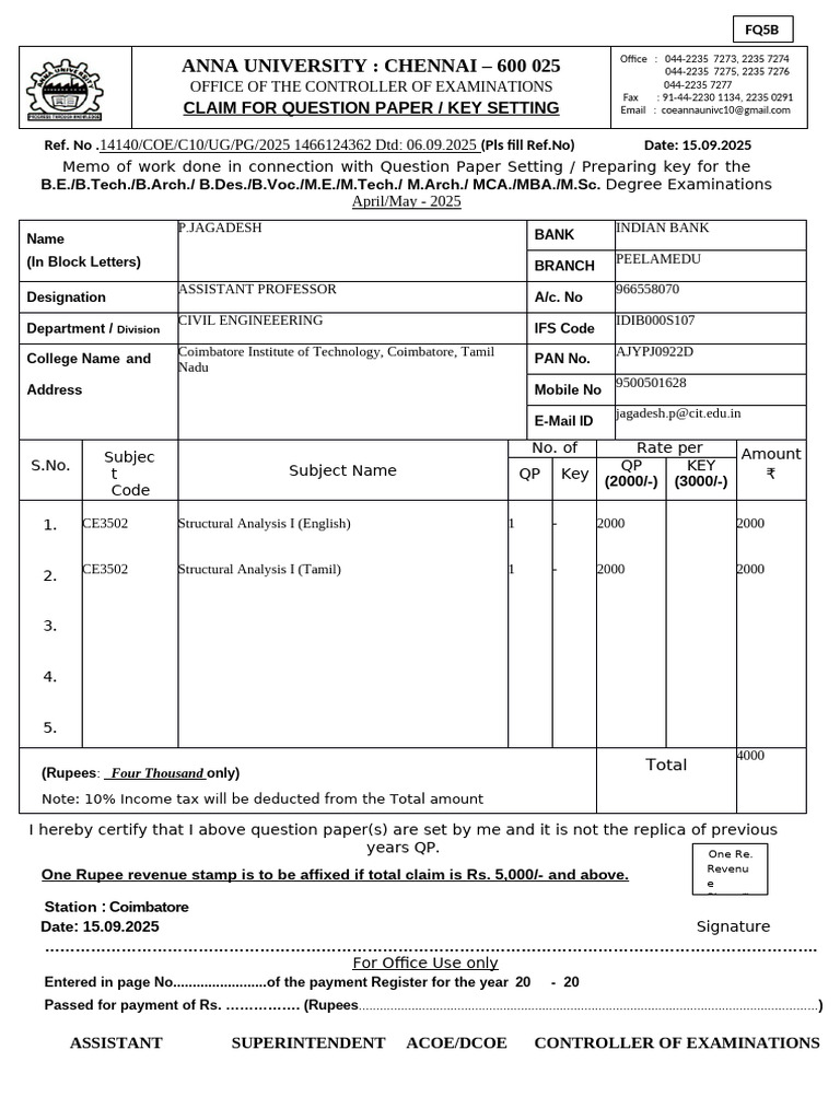 Claim for Question Paper Setting 2025 | PDF | Taxes | Government Finances
