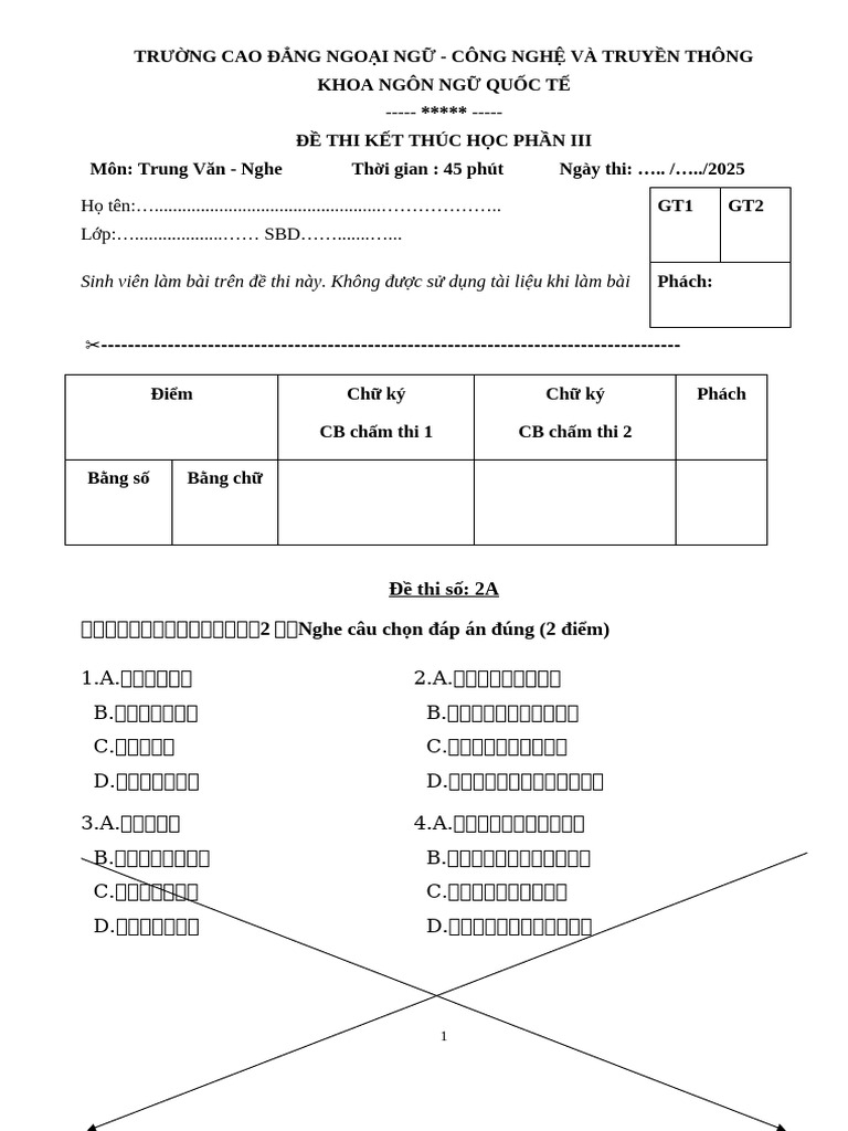 ĐỀ KTHP NGHE 3 (2A) | PDF