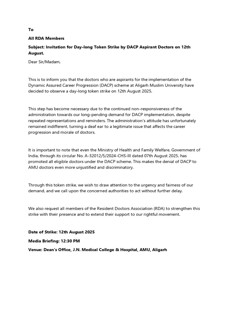 To All RDA Members Subject: Invitation For Day-Long Token Strike by ...