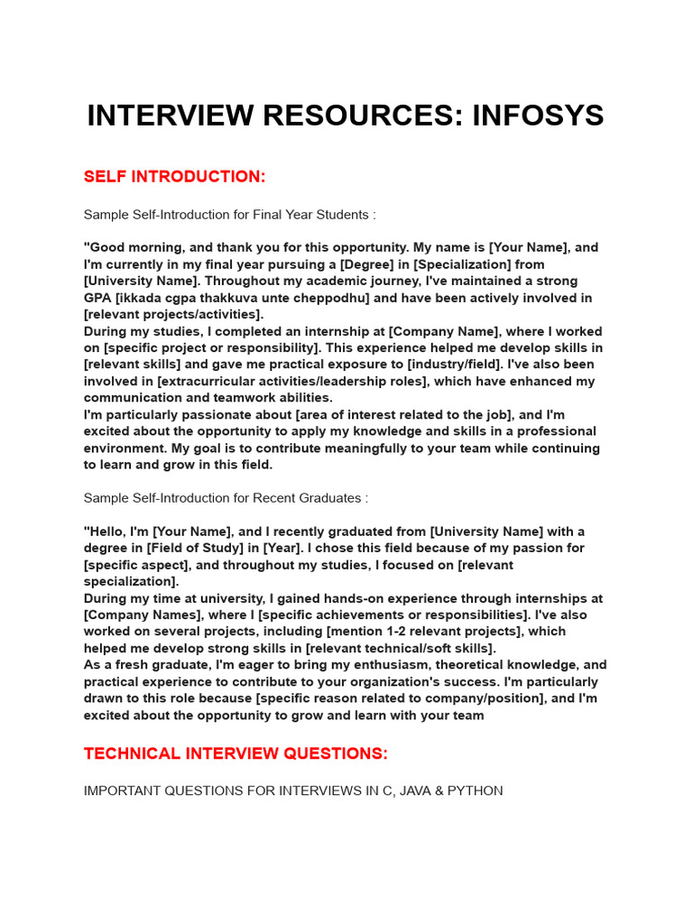 Infosys Interview Preparation Guide | PDF | Pointer (Computer ...
