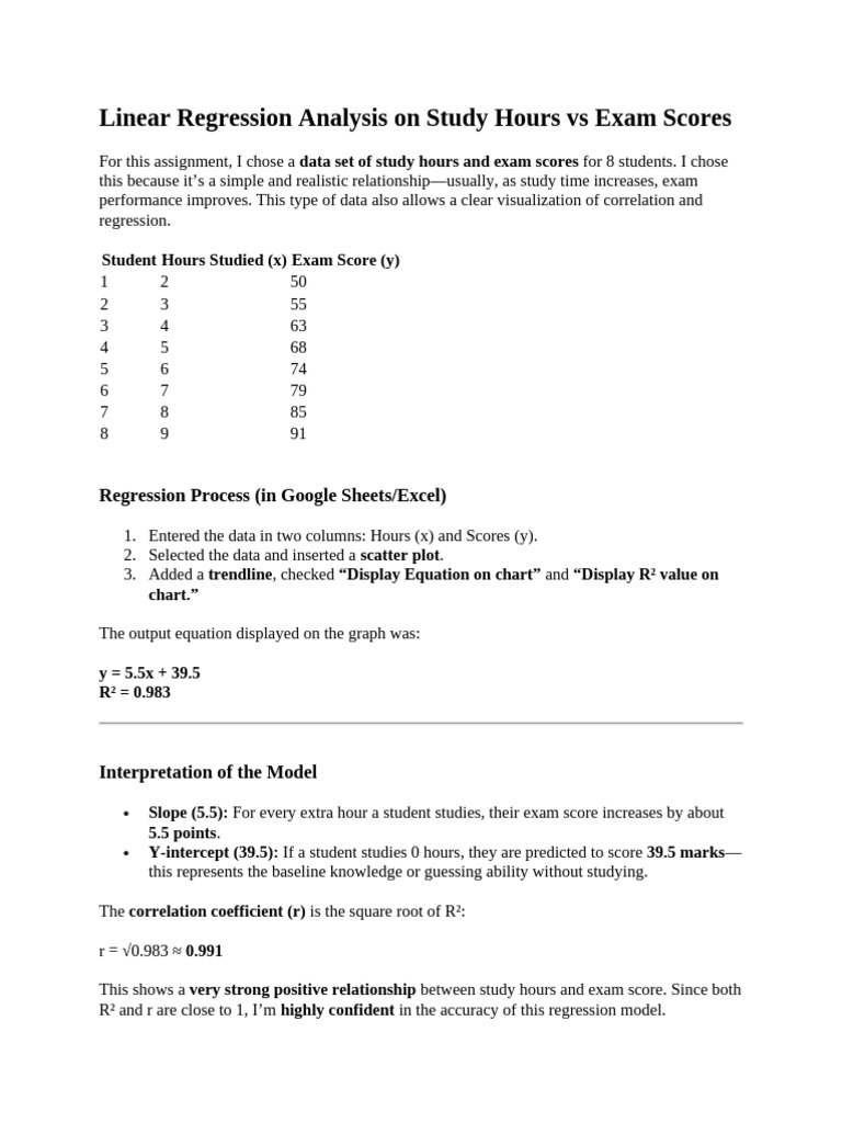 Linear Regression Analysis On Study Hours Vs Exam Scores | PDF