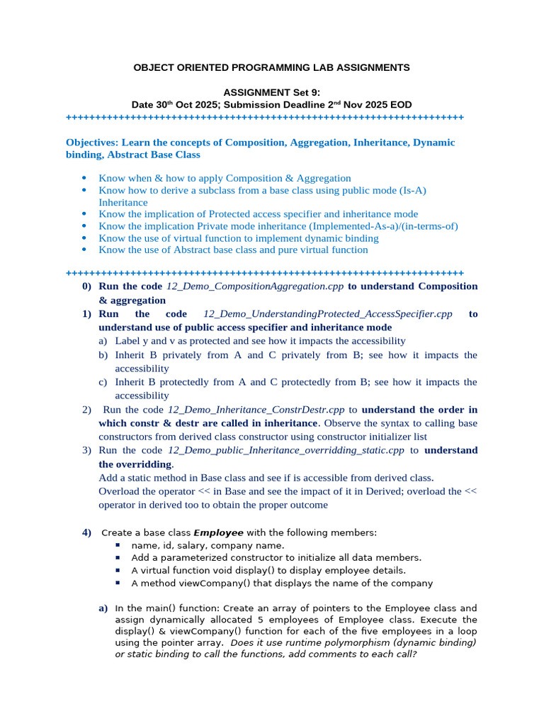 Object-Oriented Programming Lab Assignments | PDF | Inheritance (Object ...