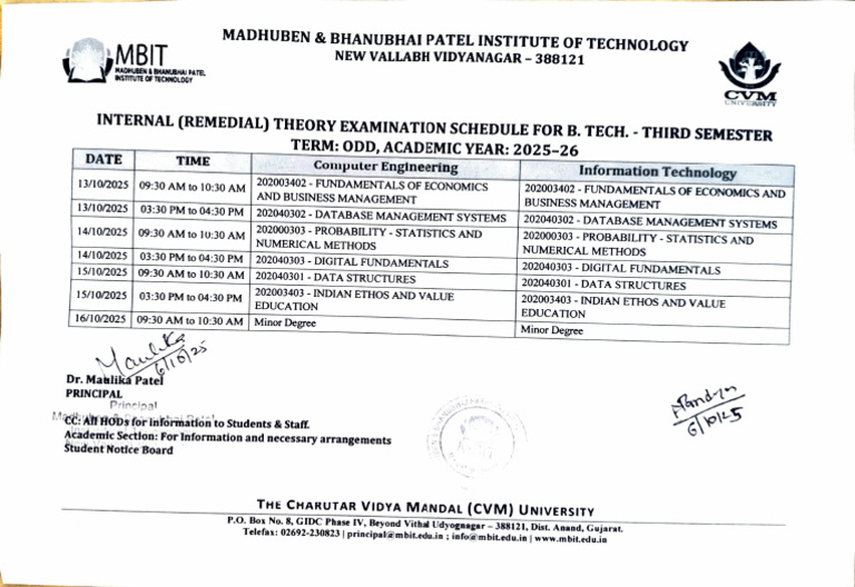 B.Tech Third Semester Remedial Exam Schedule | PDF | Science ...