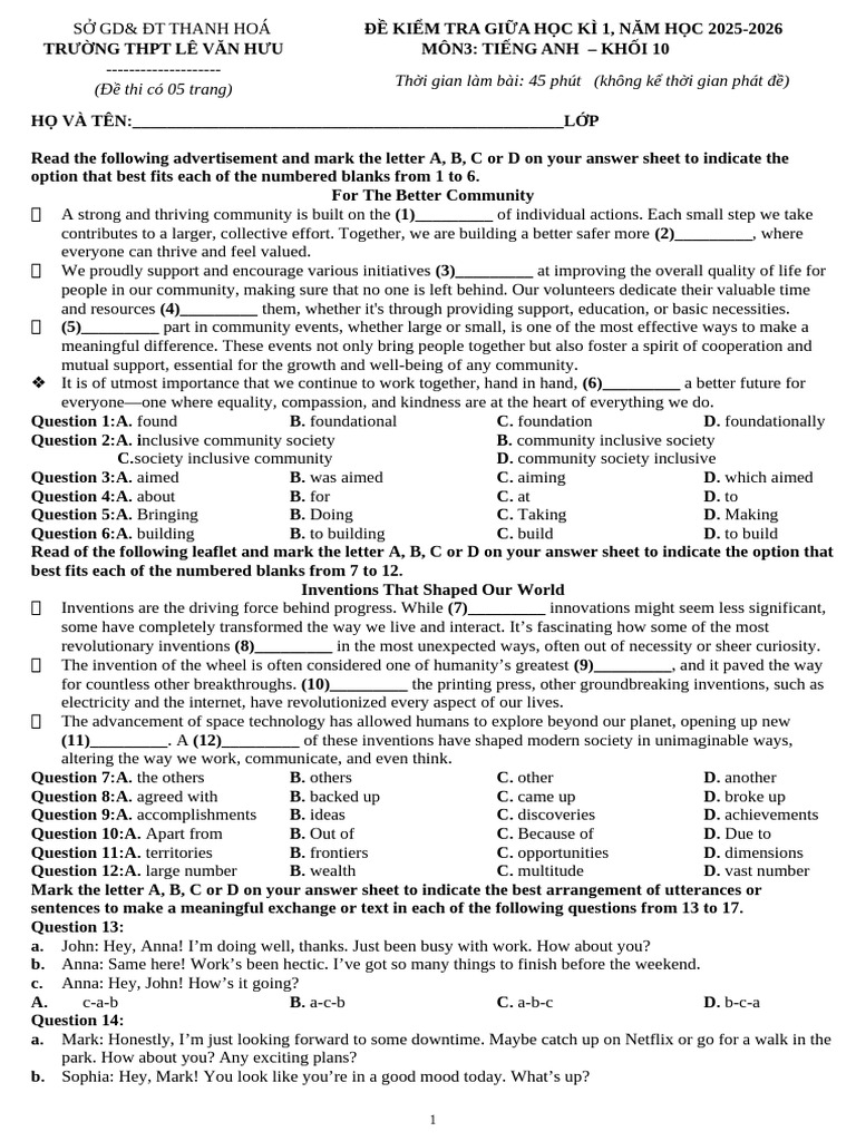 3.First Semester Final Exam TEST 2 - GRADE 10 - ForM 2025.Docx Giải Chi ...