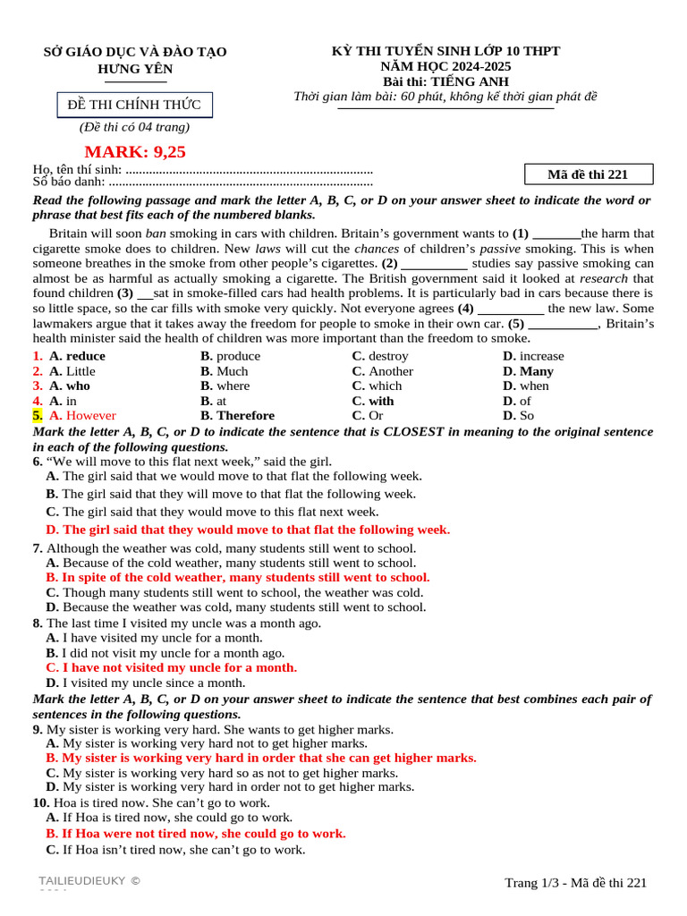 2024-2025 English Exam Paper for 10th Grade | PDF