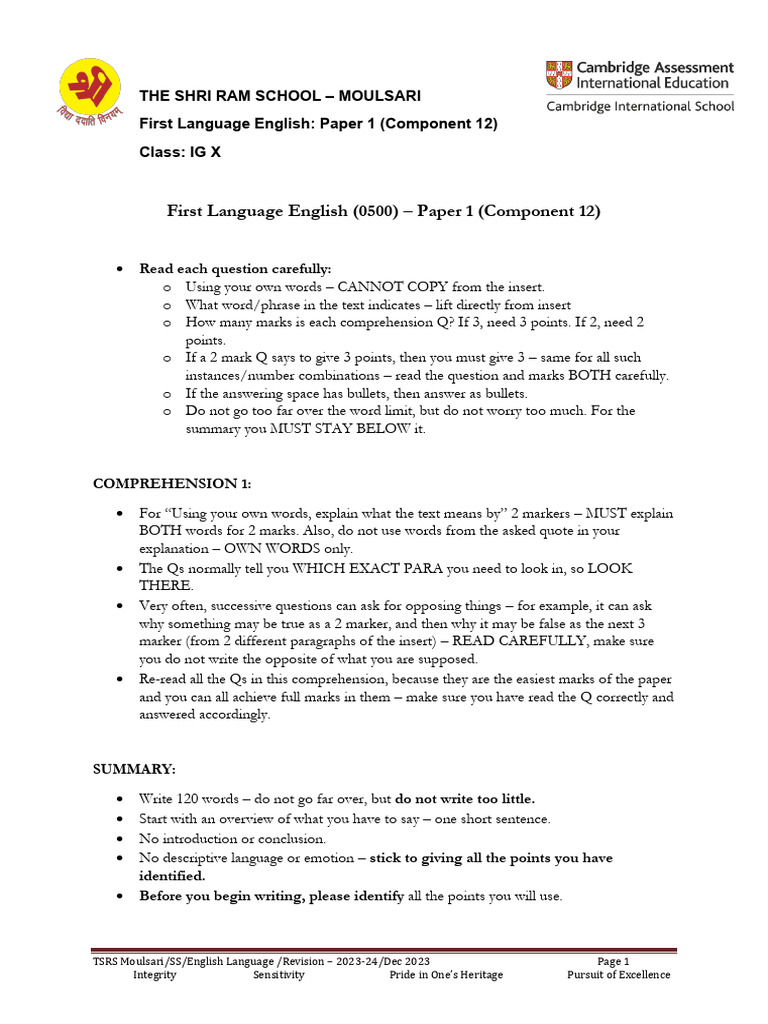 First Language English (0500) - Paper 1 (Component 12) | PDF | Question ...