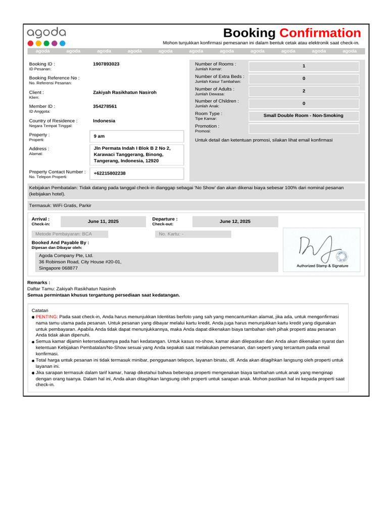 Confirmation for Booking ID # 1907893023 | PDF