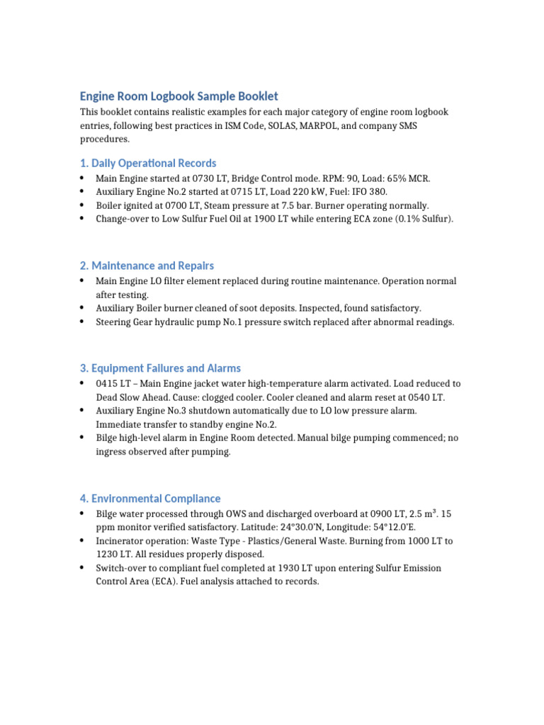 Engine Room Logbook Sample Entries | PDF | Engines | Fuel Oil