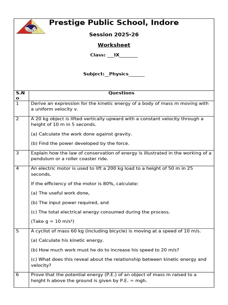 Physics class 9 Worksheet Work, Energy and Power | PDF | Kinetic Energy ...