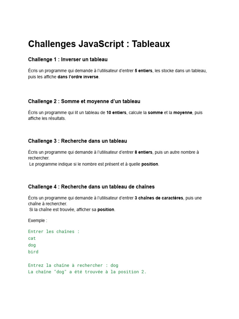 Challenges JavaScript sur les Tableaux | PDF