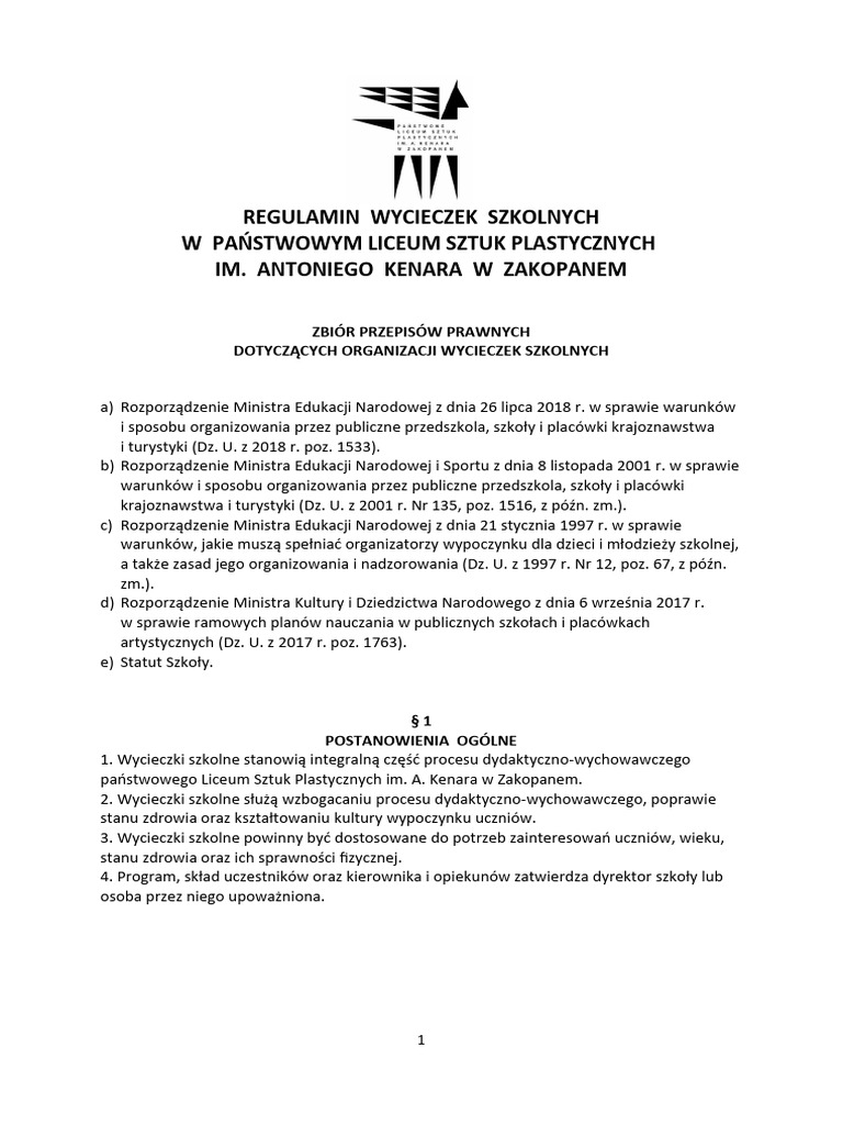 Regulamin Wycieczek Szkolnych W PLSP Im Antoniego Kenara W Zakopanem | PDF