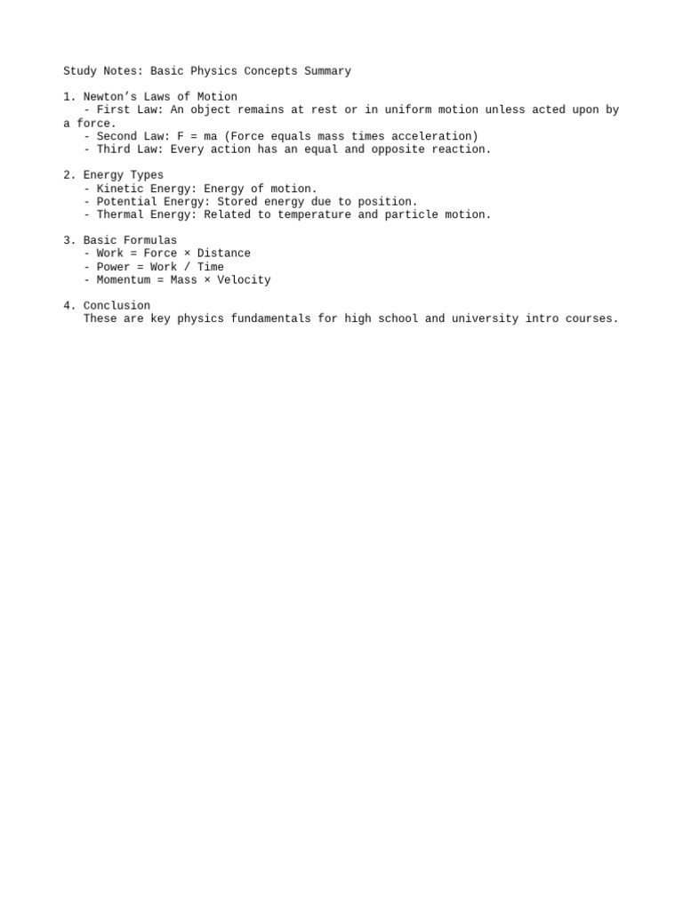 Study Notes Basic Physics Concepts | PDF