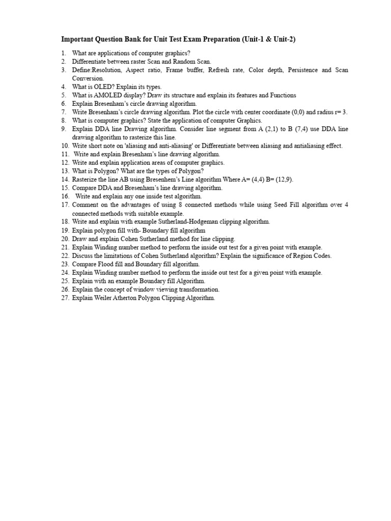 Computer Graphics Unit Test Question Bank | PDF