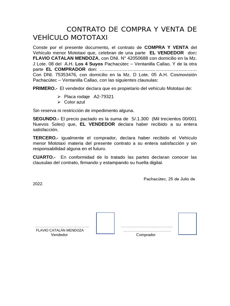 Contrato de Compra y Venta de Vehículo Mototaxi | PDF