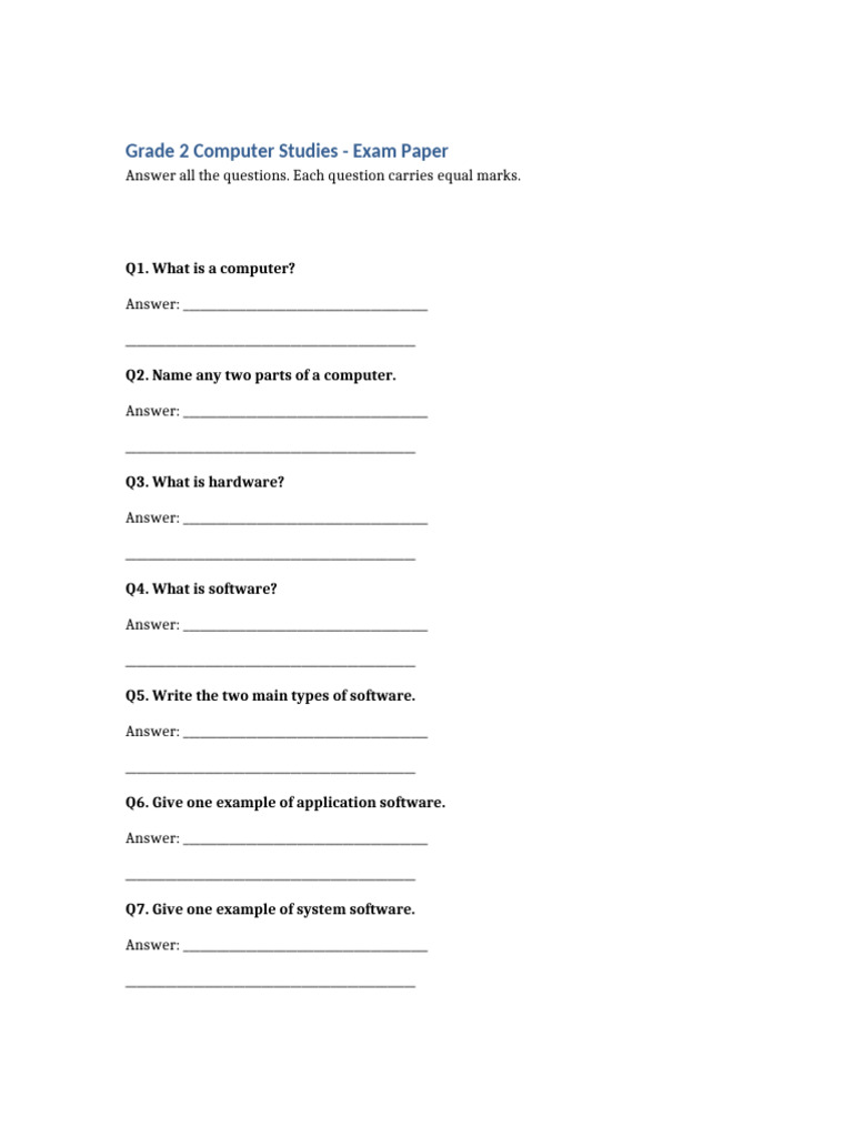 Grade 2 Computer Studies Exam Paper | PDF