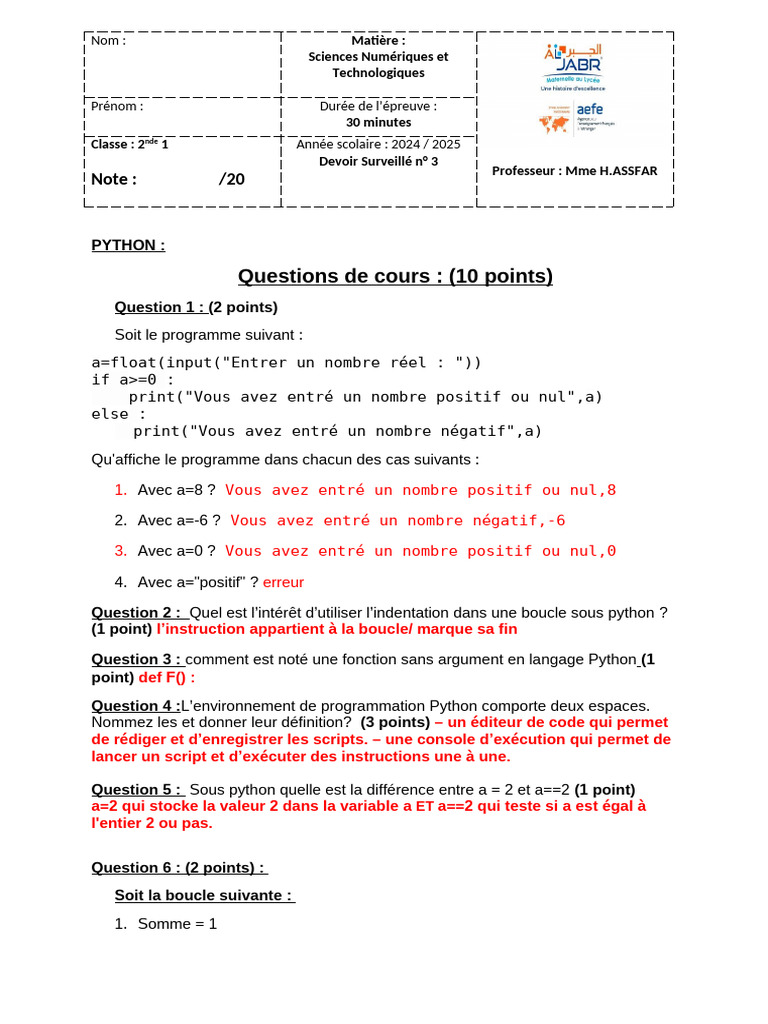 Devoir Surveillé Python Seconde | PDF | Structure de contrôle | Python ...