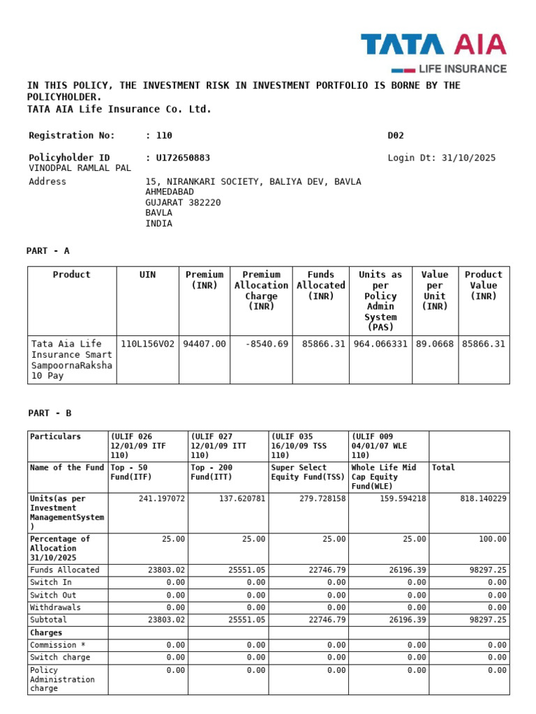 Tata AIA Life Insurance Portfolio Summary | PDF | Insurance | Life ...