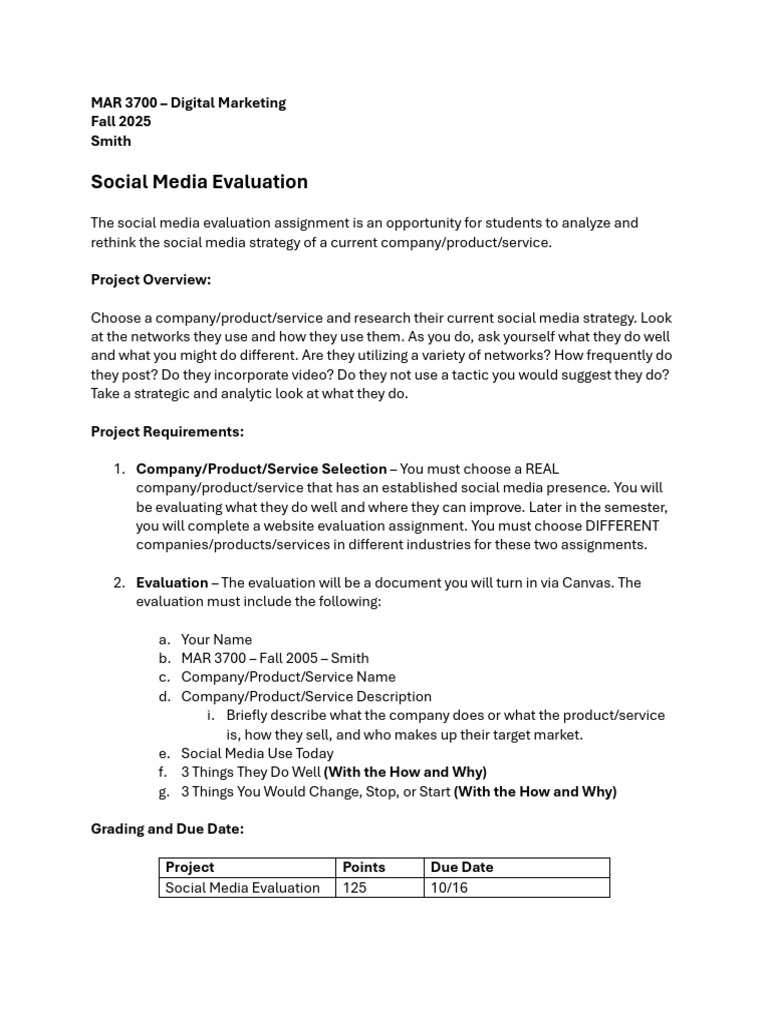 Social+Media+Evaluation+ +MAR+3700+ +Fall+2025+ +Smith | PDF