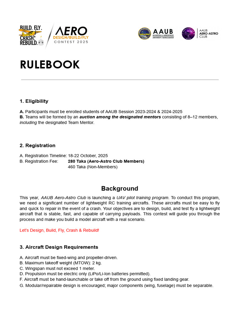AAUB Aero Design-Build-Fly Competition Rulebook | PDF | Flight | Aircraft