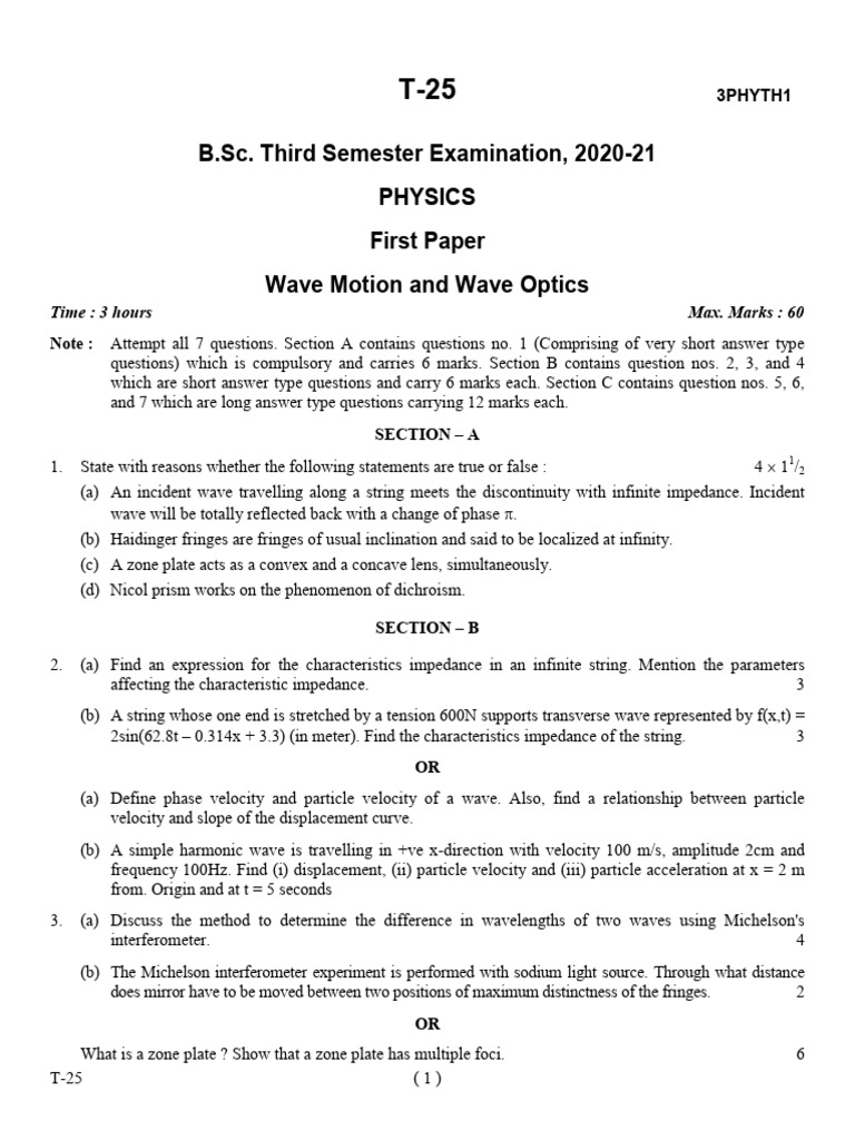 B.Sc. Physics Exam: Wave Motion & Optics | PDF | Waves | Wavelength
