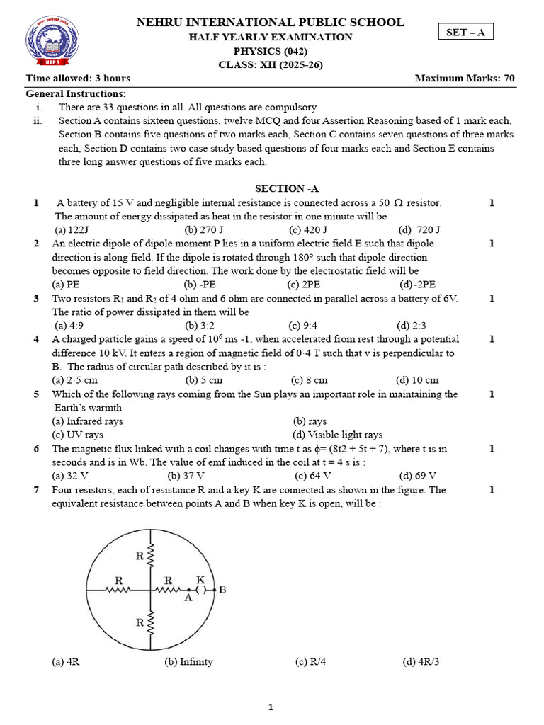Class 12 Physics Half-Yearly Exam 2025-26 | PDF | Inductance | Capacitor
