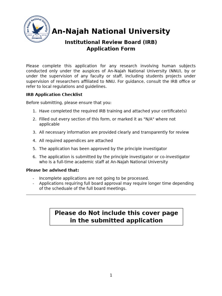An-Najah University IRB Application Form | PDF | Institutional Review ...